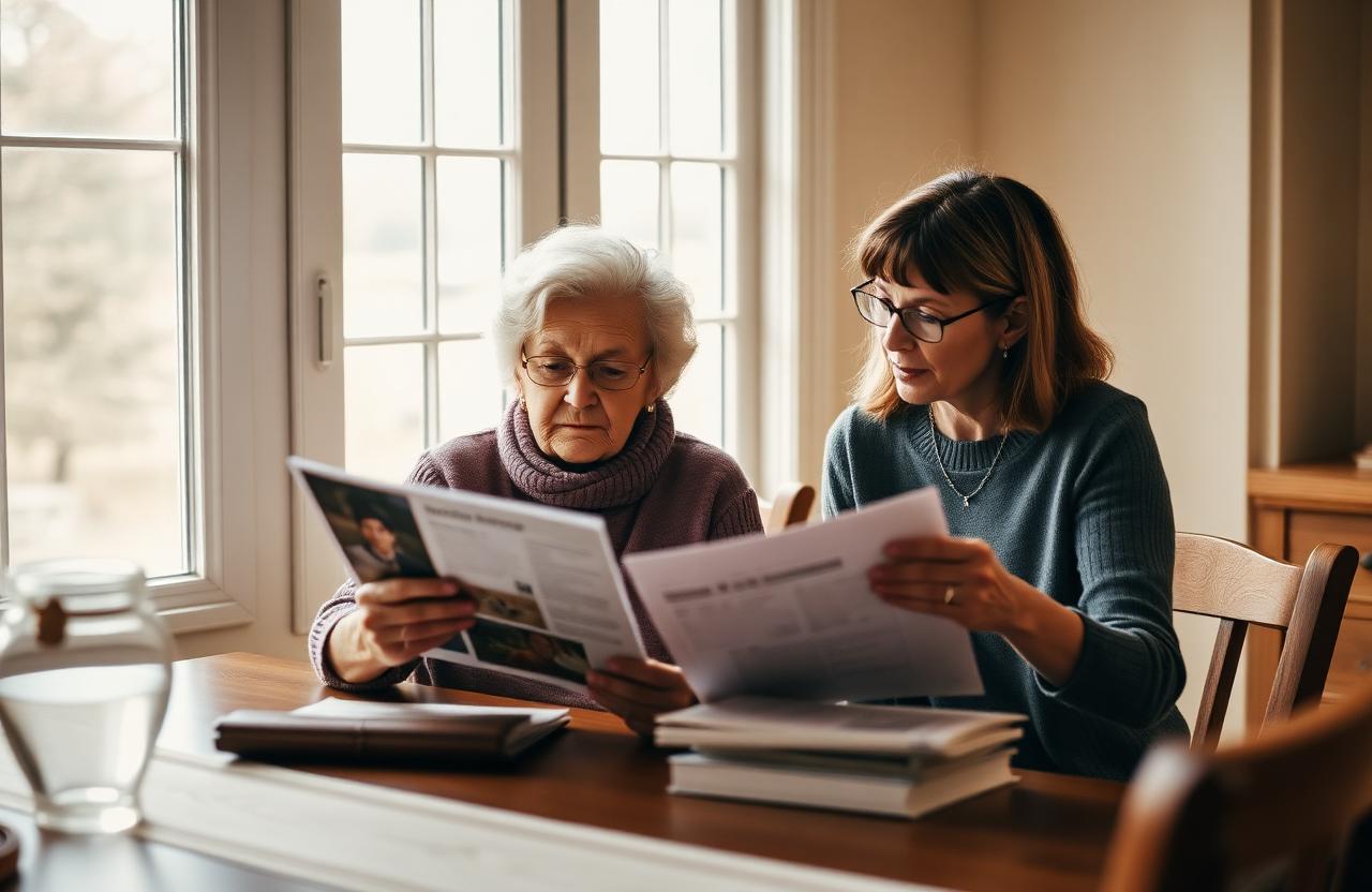 An older woman and her adult daughter sitting near a bright window, calmly comparing retirement village brochures