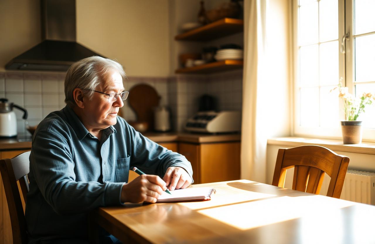 An older man sitting at a sunlit kitchen table with a notepad, calmly writing down questions