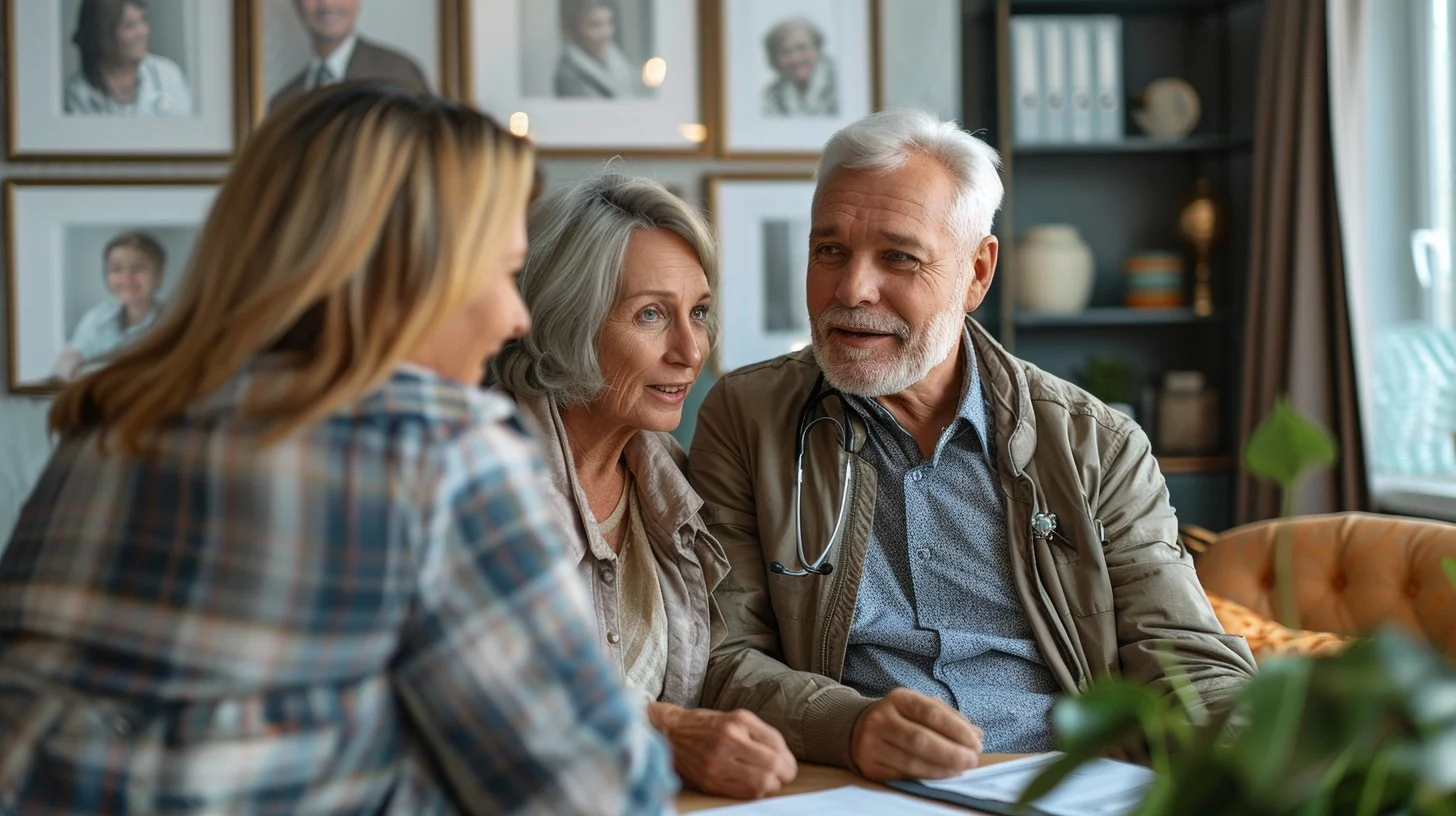 An adult daughter sitting with her older parents at home, discussing retirement village paperwork together