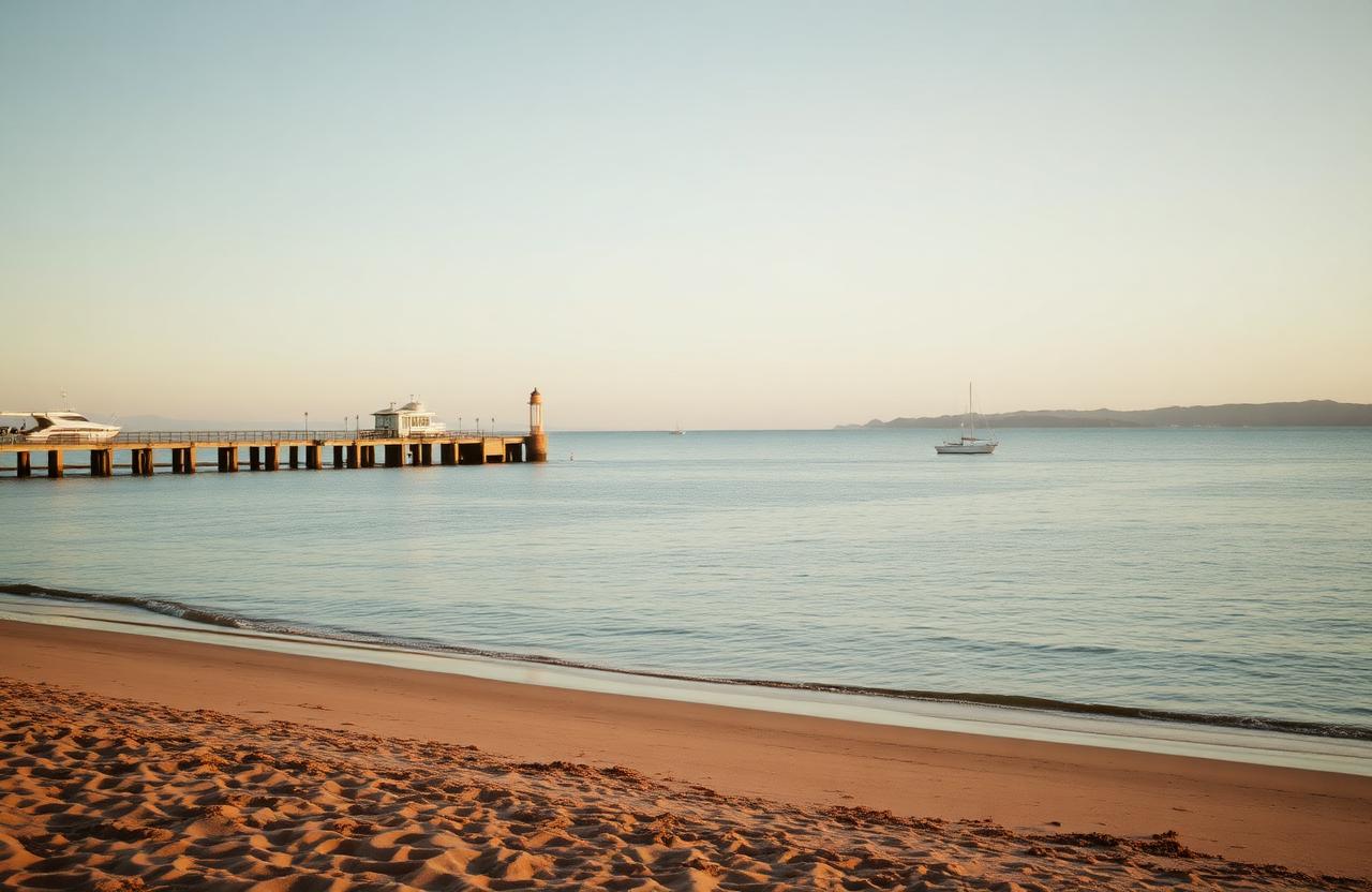 The Frankston foreshore at soft morning light, with the pier, calm bay water and a moored sailboat