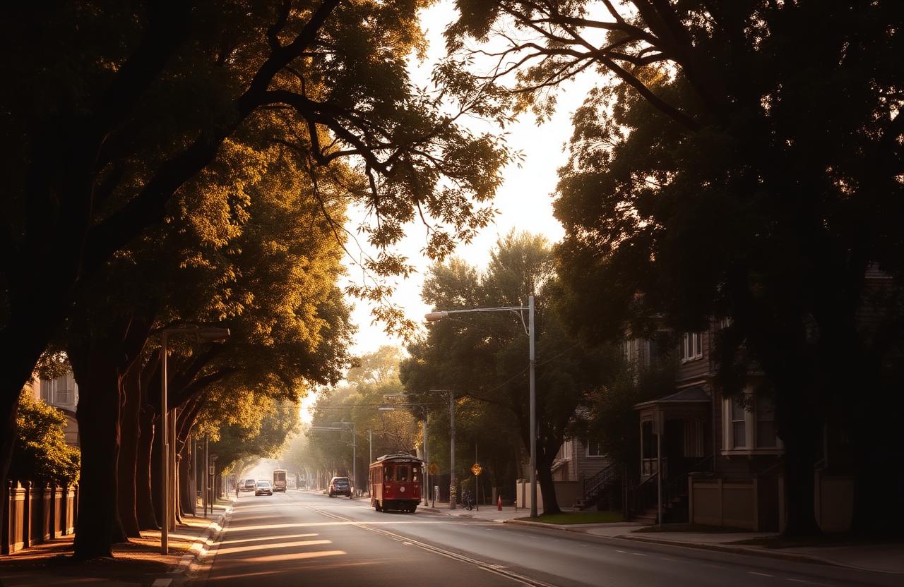 A leafy, tree-lined Melbourne suburban street in soft afternoon light, with a tram in the distance