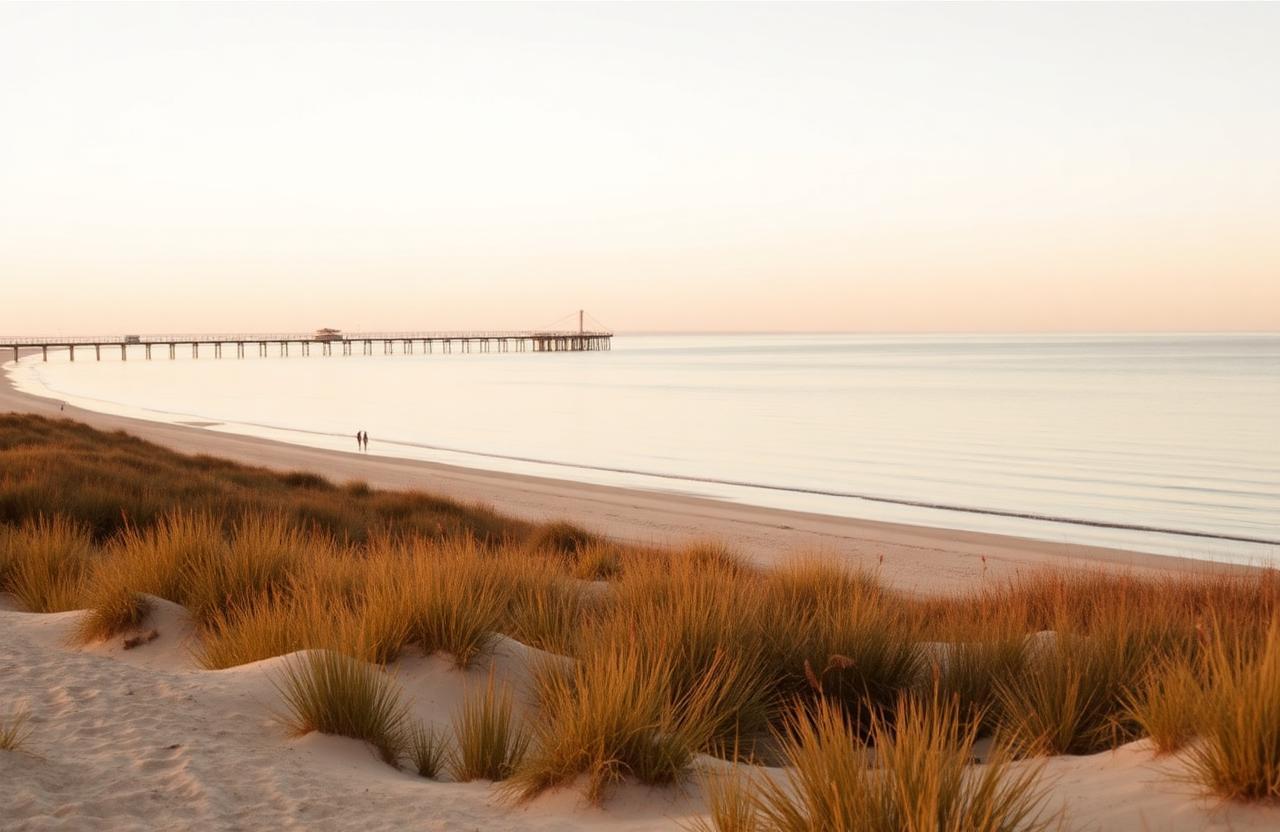 The Mornington Peninsula coastline at golden hour, with calm bay water, soft sand and coastal grasses