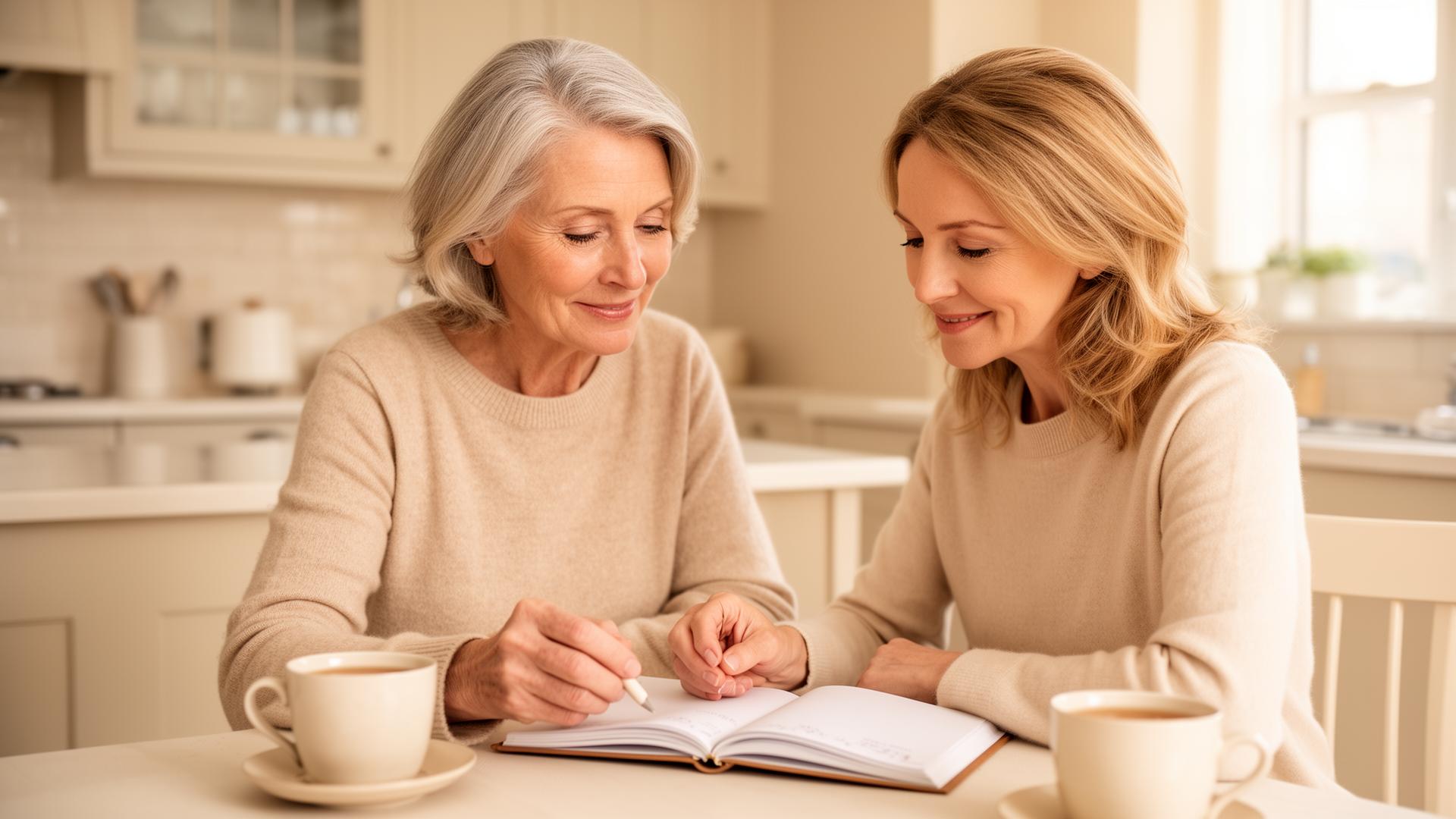A mature mother and adult daughter reviewing retirement living options together at home